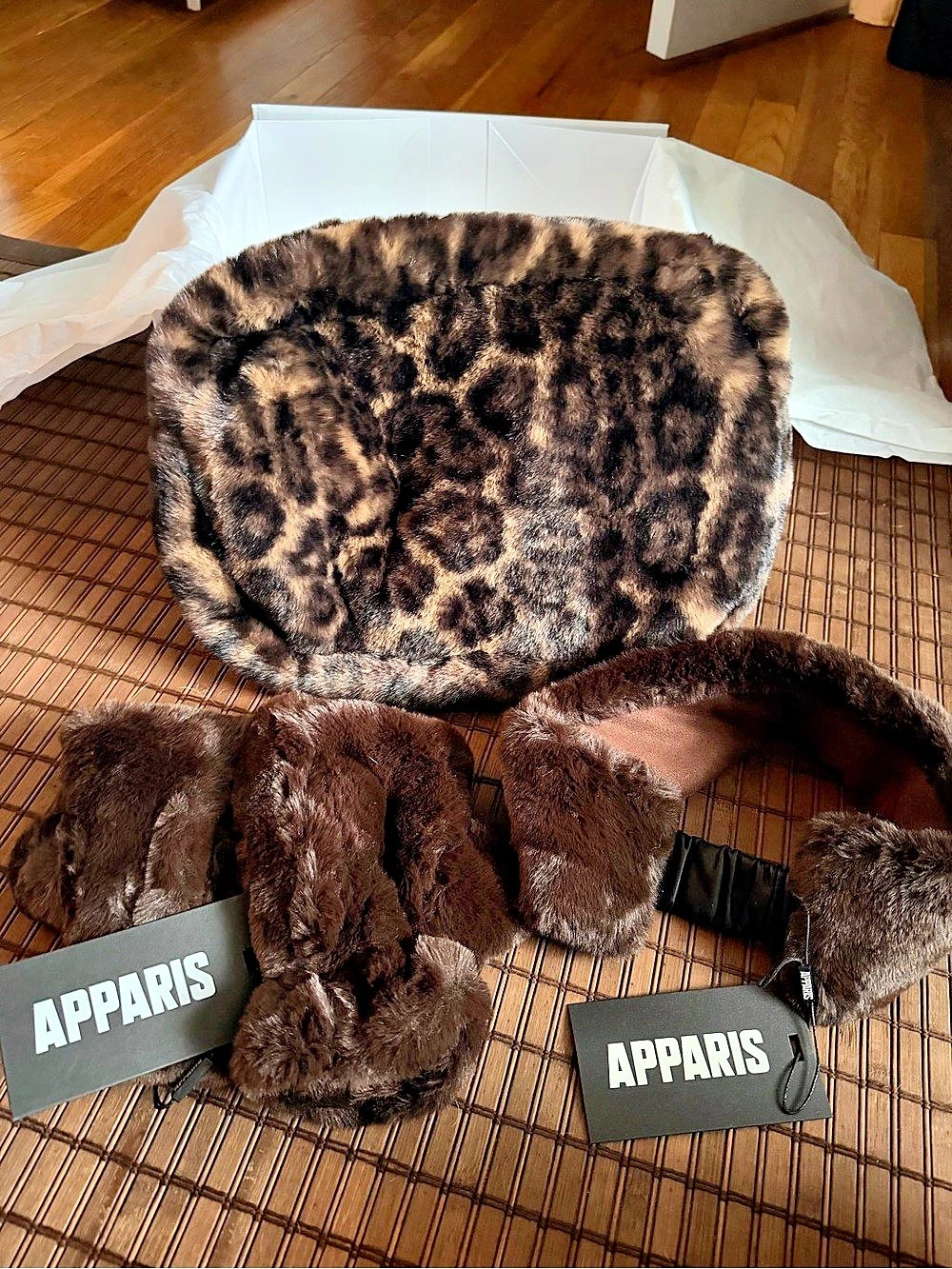 Apparis Noor Leopard Faux Fur Pouch Brown & Black with matching Headband and Glo